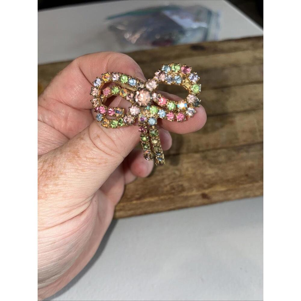 Vintage Multicolor Rhinestone Bow Brooch Pin Gold Tone AB Aurora Borealis Dangly
